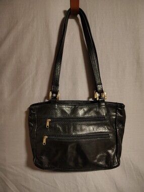 Vintage SAS Black Pebble Leather Multi-Pocket Shoulder Handbag